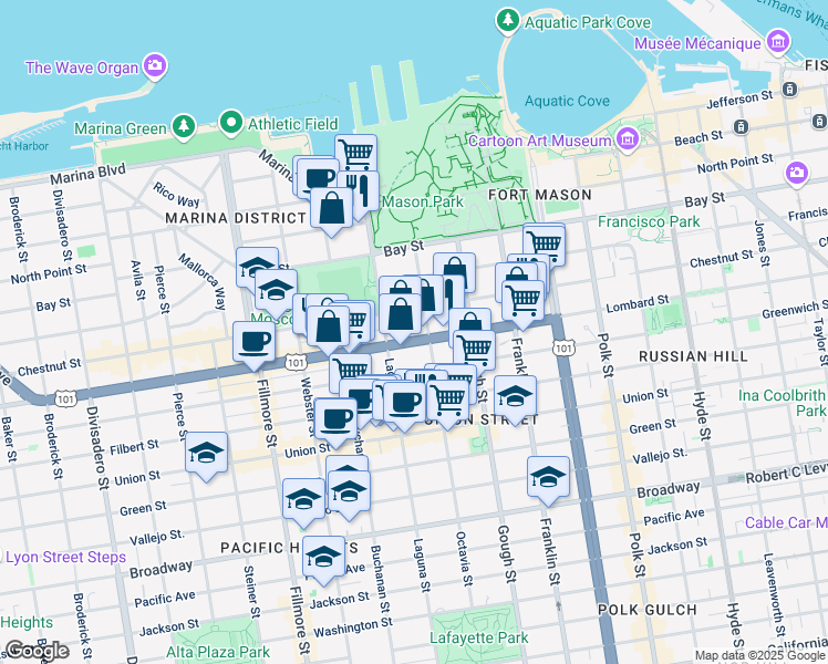 map of restaurants, bars, coffee shops, grocery stores, and more near in San Francisco