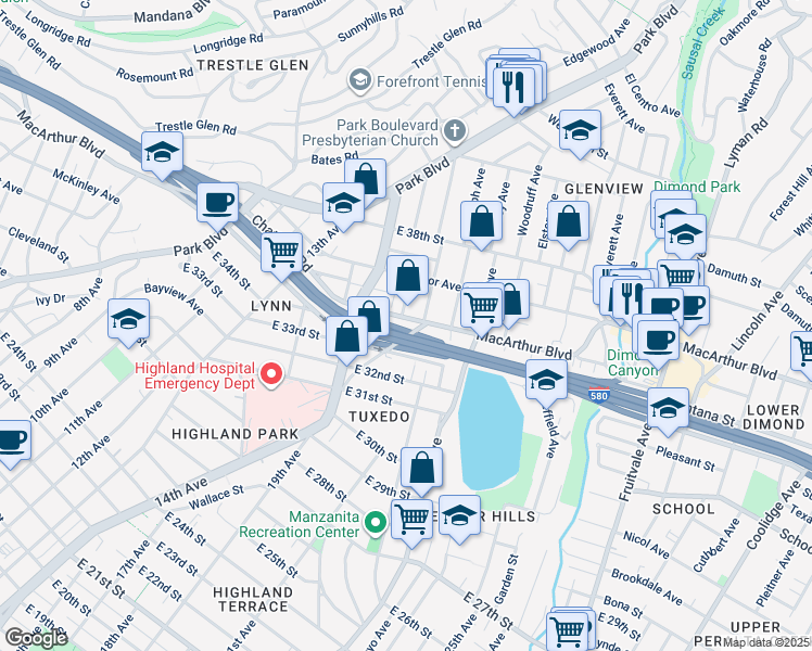 map of restaurants, bars, coffee shops, grocery stores, and more near 3527 Glen Park Road in Oakland