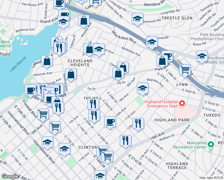 map of restaurants, bars, coffee shops, grocery stores, and more near 2451 Ivy Drive in Oakland