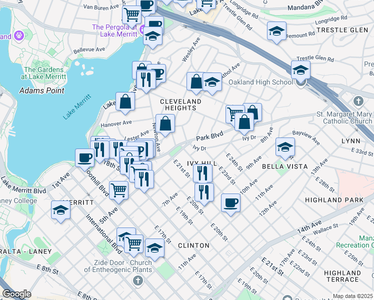 map of restaurants, bars, coffee shops, grocery stores, and more near in Oakland