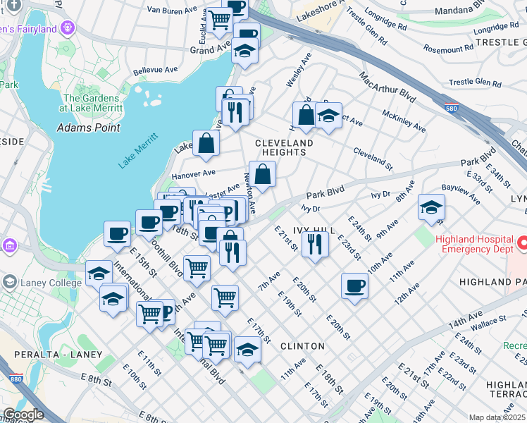 map of restaurants, bars, coffee shops, grocery stores, and more near 300 Newton Avenue in Oakland