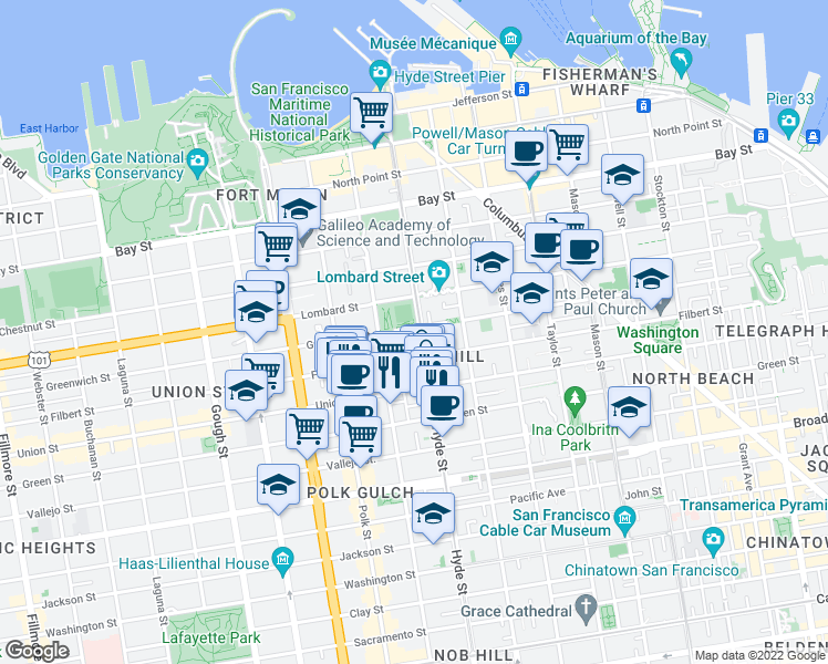 map of restaurants, bars, coffee shops, grocery stores, and more near in San Francisco