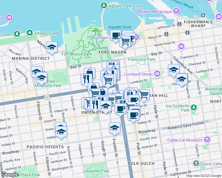 map of restaurants, bars, coffee shops, grocery stores, and more near 1450 Lombard Street in San Francisco