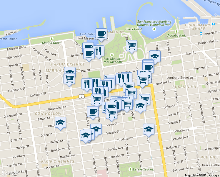 map of restaurants, bars, coffee shops, grocery stores, and more near in San Francisco