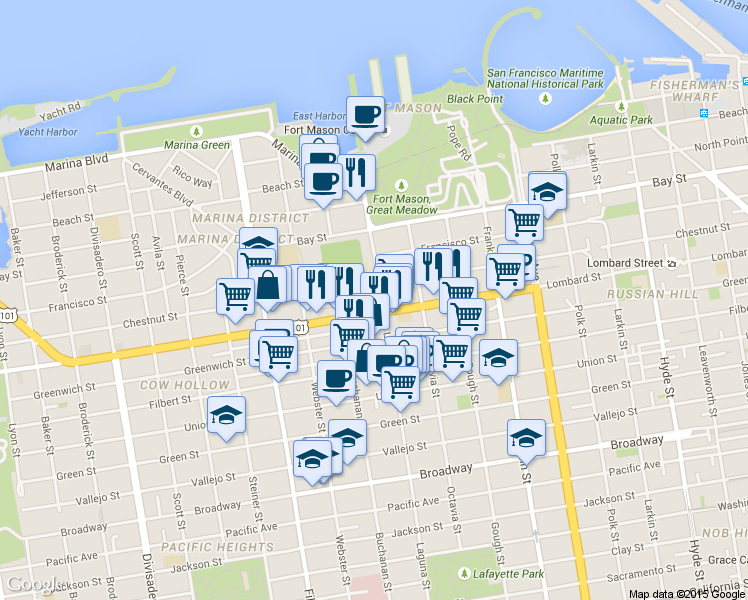 map of restaurants, bars, coffee shops, grocery stores, and more near 3255 Laguna Street in San Francisco