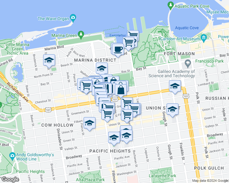 map of restaurants, bars, coffee shops, grocery stores, and more near 1895 Chestnut Street in San Francisco