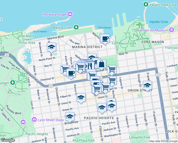 map of restaurants, bars, coffee shops, grocery stores, and more near 3500 Fillmore Street in San Francisco