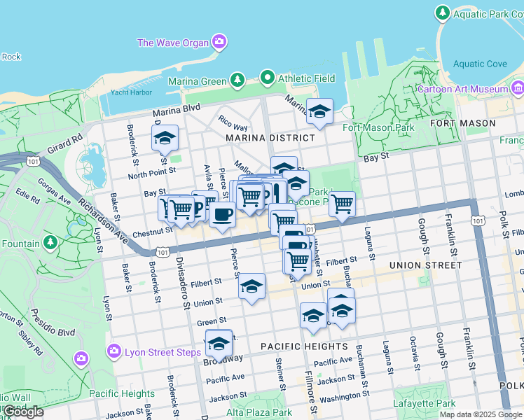 map of restaurants, bars, coffee shops, grocery stores, and more near in San Francisco