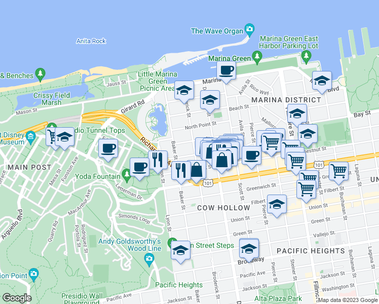 map of restaurants, bars, coffee shops, grocery stores, and more near 2301 Bay Street in San Francisco