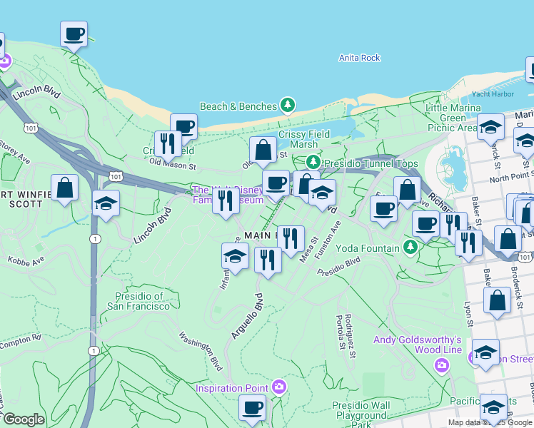 map of restaurants, bars, coffee shops, grocery stores, and more near 104 Montgomery Street in San Francisco