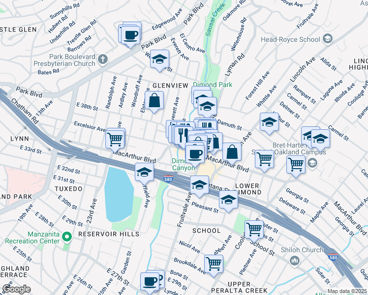 map of restaurants, bars, coffee shops, grocery stores, and more near 3541 Dimond Avenue in Oakland