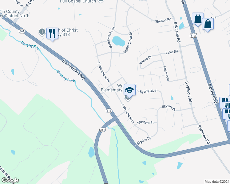 map of restaurants, bars, coffee shops, grocery stores, and more near 4101 South Woodland Drive in Radcliff