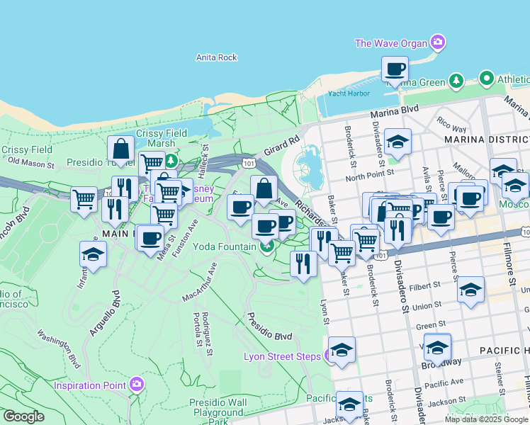 map of restaurants, bars, coffee shops, grocery stores, and more near 1051 Edie Road in San Francisco