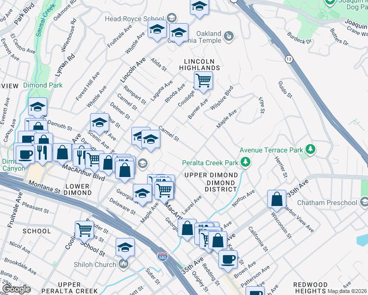 map of restaurants, bars, coffee shops, grocery stores, and more near 2877 Carmel Street in Oakland
