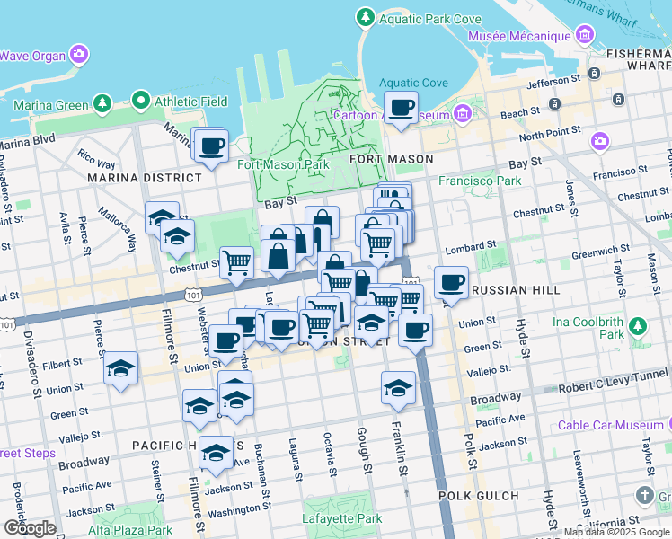 map of restaurants, bars, coffee shops, grocery stores, and more near Gough Street & Lombard Street in San Francisco
