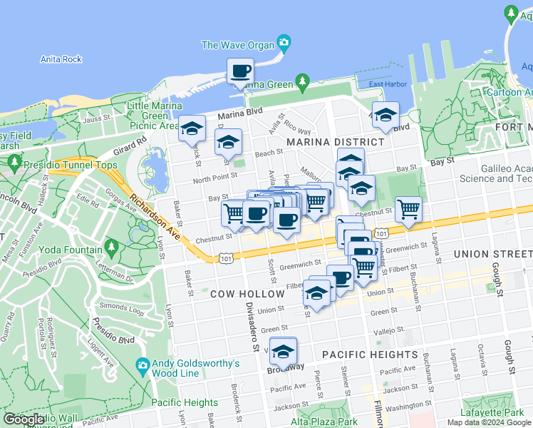 map of restaurants, bars, coffee shops, grocery stores, and more near 3354 Scott Street in San Francisco