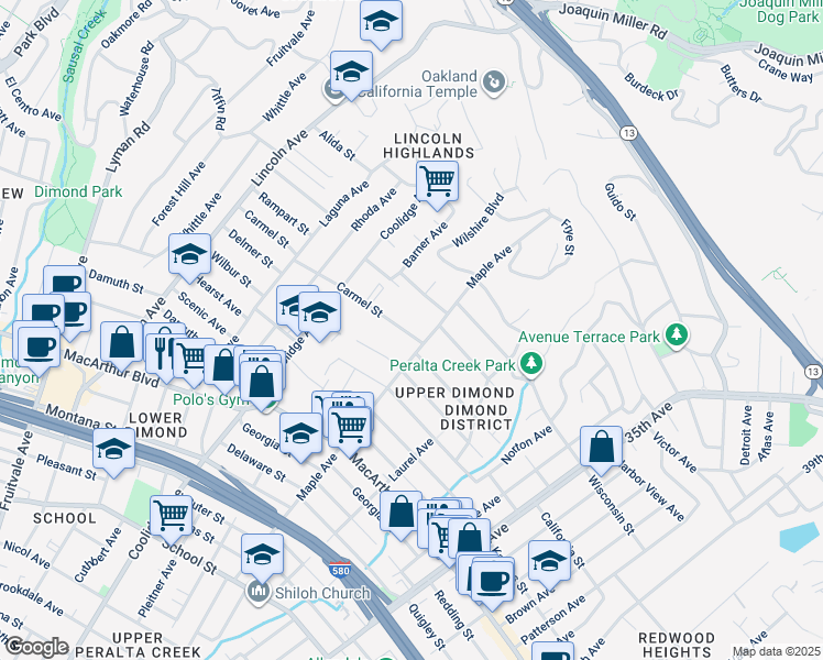 map of restaurants, bars, coffee shops, grocery stores, and more near 2952 Carmel Street in Oakland