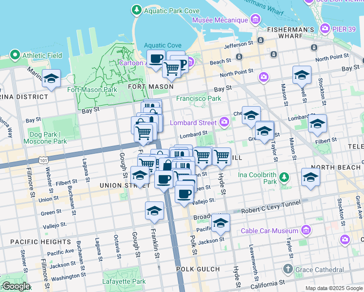 map of restaurants, bars, coffee shops, grocery stores, and more near 1380 Greenwich Street in San Francisco
