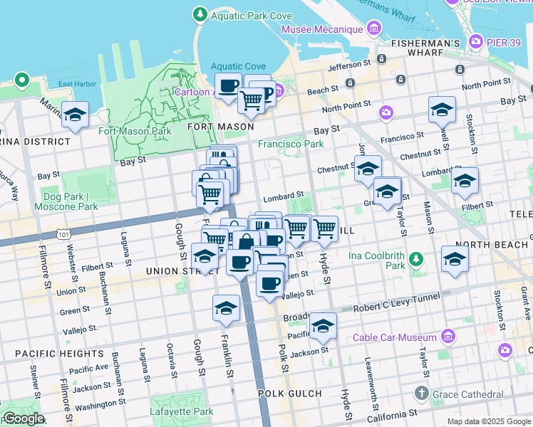 map of restaurants, bars, coffee shops, grocery stores, and more near 1380 Greenwich Street in San Francisco