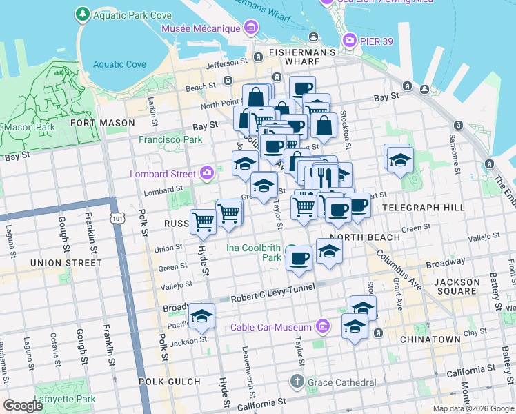 map of restaurants, bars, coffee shops, grocery stores, and more near 925 Greenwich Street in San Francisco
