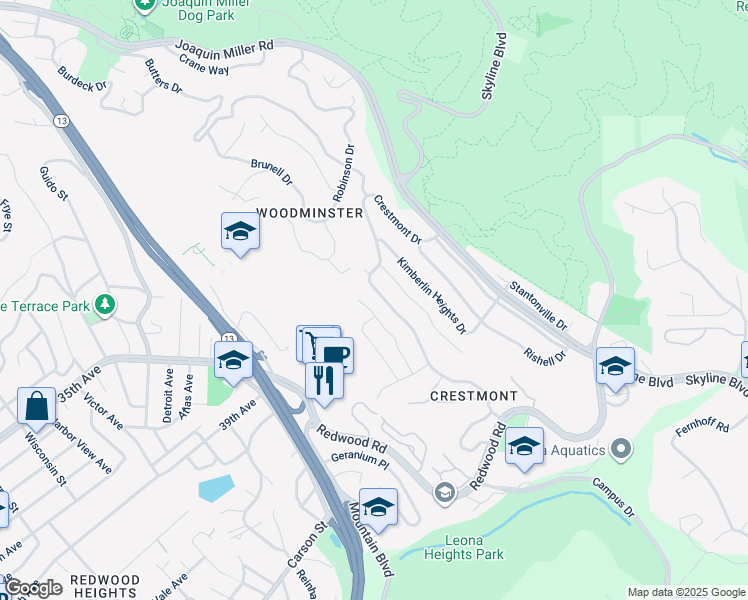 map of restaurants, bars, coffee shops, grocery stores, and more near 2 Crestmont Drive in Oakland