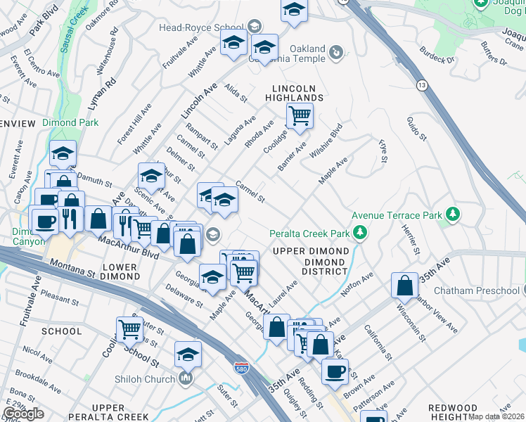 map of restaurants, bars, coffee shops, grocery stores, and more near 2877 Carmel Street in Oakland