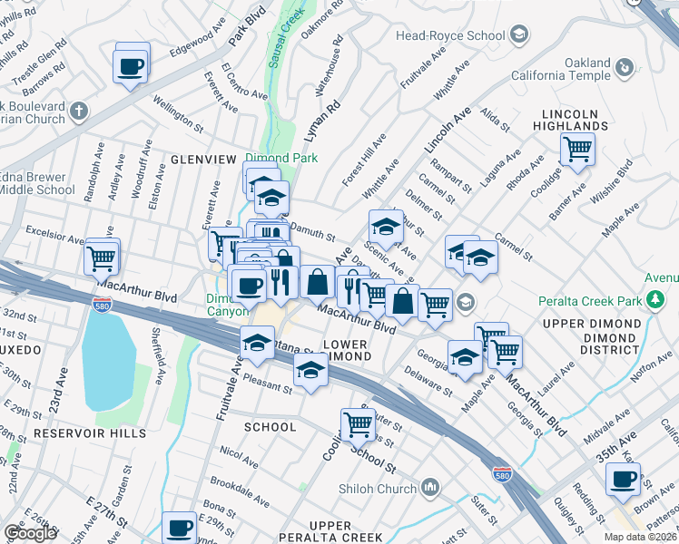 map of restaurants, bars, coffee shops, grocery stores, and more near in Oakland