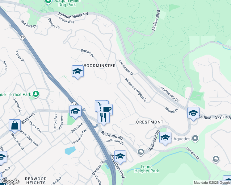 map of restaurants, bars, coffee shops, grocery stores, and more near 3789 Brunell Drive in Oakland