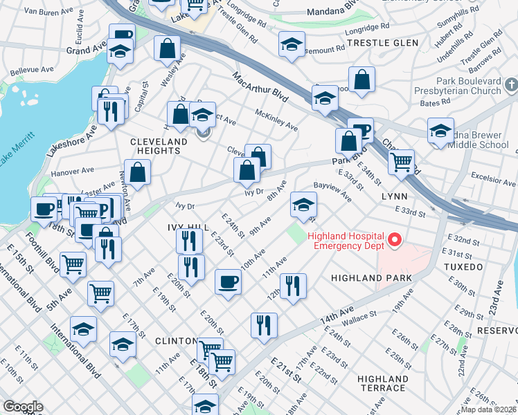 map of restaurants, bars, coffee shops, grocery stores, and more near 2558 Ivy Drive in Oakland