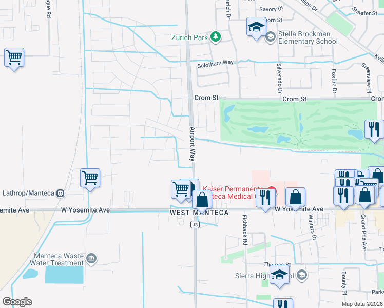 map of restaurants, bars, coffee shops, grocery stores, and more near 495 Airport Way in Manteca