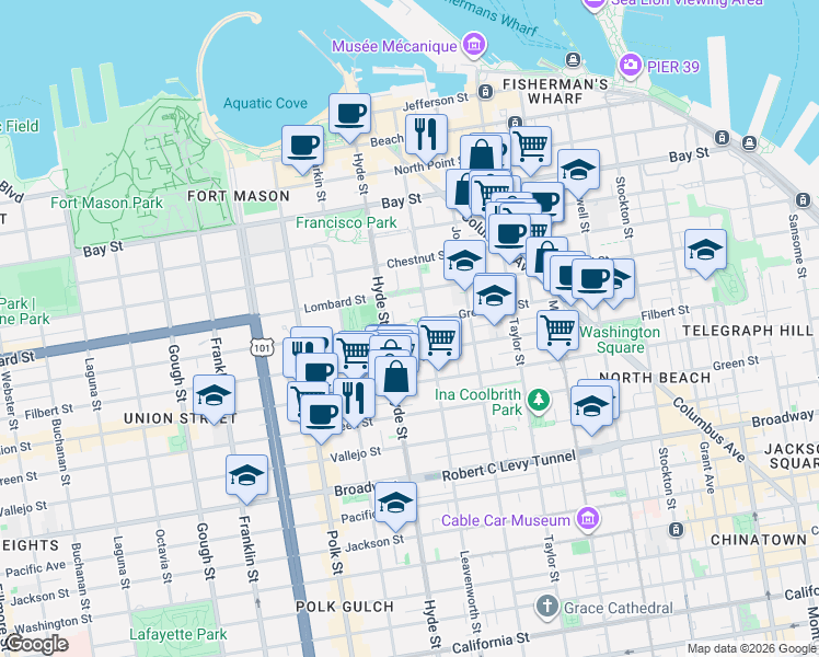 map of restaurants, bars, coffee shops, grocery stores, and more near 1135 Greenwich Street in San Francisco