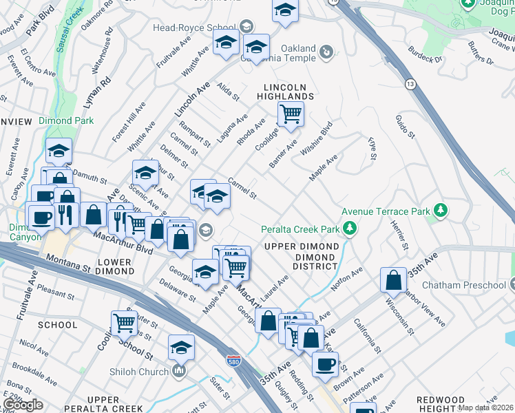 map of restaurants, bars, coffee shops, grocery stores, and more near 2877 Carmel Street in Oakland