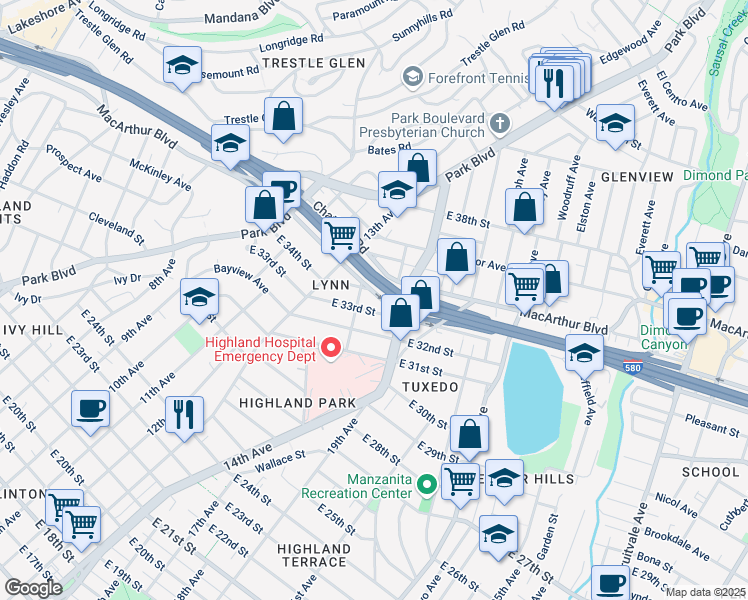 map of restaurants, bars, coffee shops, grocery stores, and more near 2235 East 34th Street in Oakland