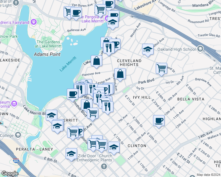 map of restaurants, bars, coffee shops, grocery stores, and more near 257 Athol Avenue in Oakland