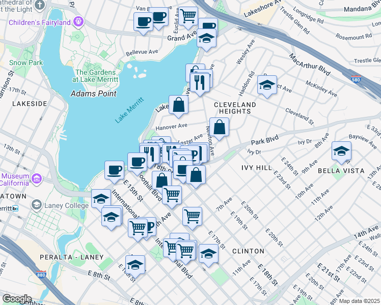 map of restaurants, bars, coffee shops, grocery stores, and more near 257 Athol Avenue in Oakland