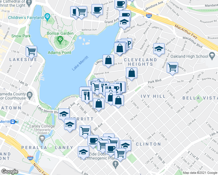 map of restaurants, bars, coffee shops, grocery stores, and more near 252 Acton Place in Oakland