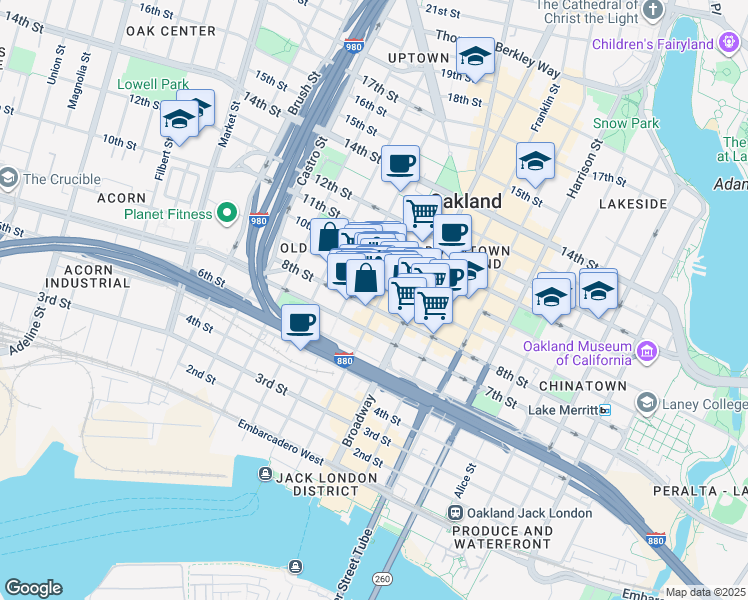 map of restaurants, bars, coffee shops, grocery stores, and more near 827 Washington Street in Oakland