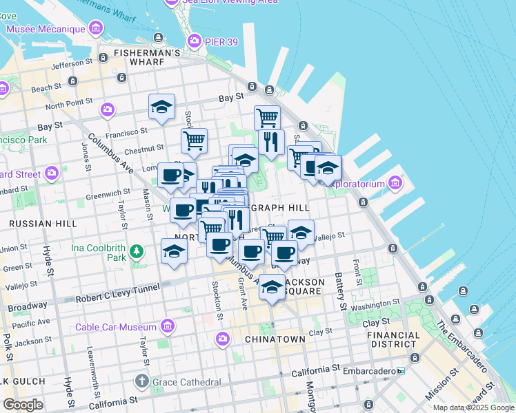 map of restaurants, bars, coffee shops, grocery stores, and more near 1448 Kearny Street in San Francisco