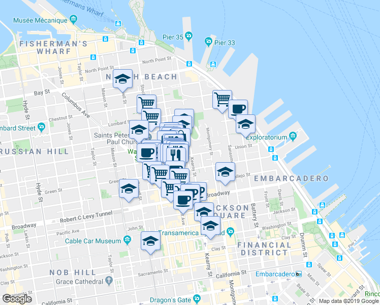 map of restaurants, bars, coffee shops, grocery stores, and more near 1448 Kearny Street in San Francisco