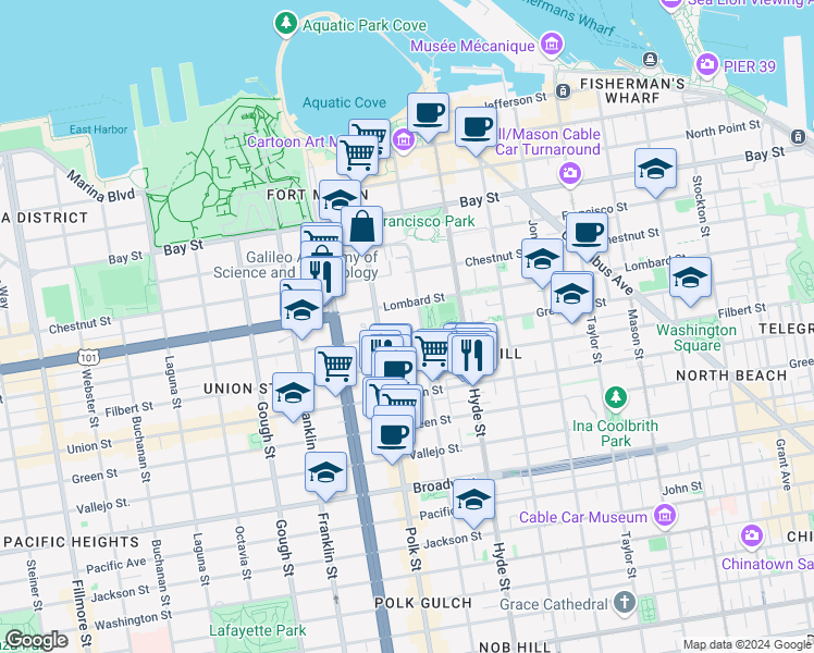 map of restaurants, bars, coffee shops, grocery stores, and more near 2545 Larkin Street in San Francisco