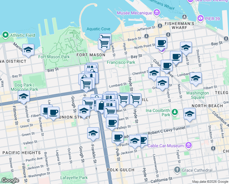 map of restaurants, bars, coffee shops, grocery stores, and more near 1271 Lombard Street in San Francisco