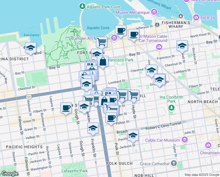 map of restaurants, bars, coffee shops, grocery stores, and more near 1271 Lombard Street in San Francisco