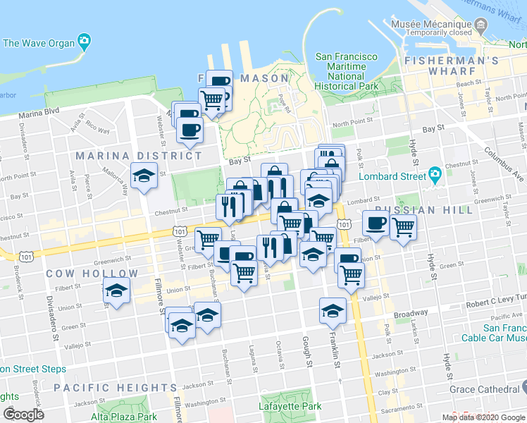 map of restaurants, bars, coffee shops, grocery stores, and more near 1525 Chestnut Street in San Francisco