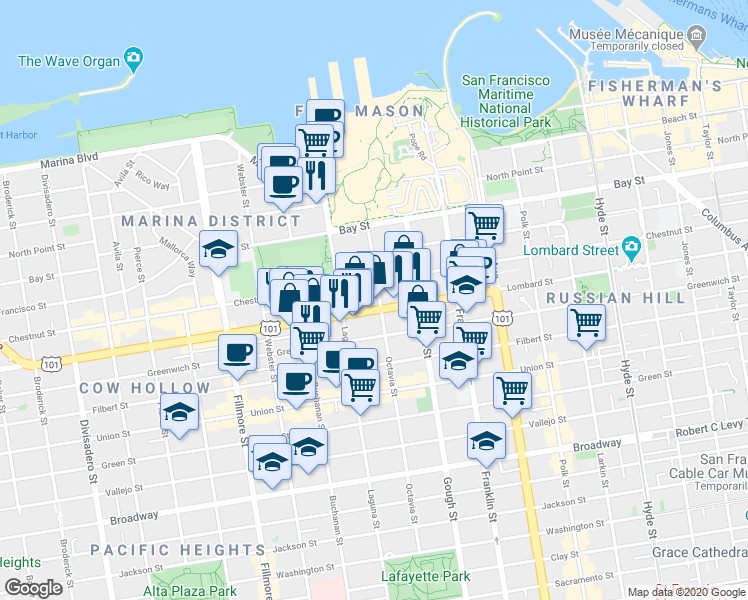 map of restaurants, bars, coffee shops, grocery stores, and more near in San Francisco