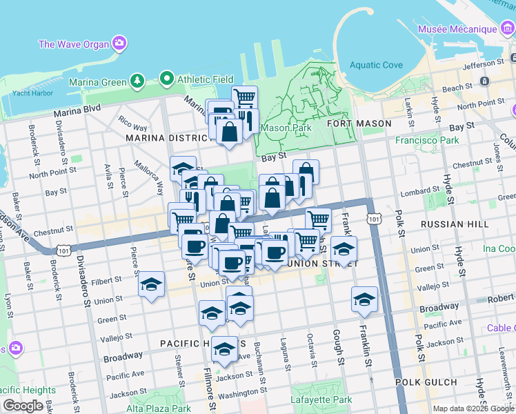 map of restaurants, bars, coffee shops, grocery stores, and more near 3255 Laguna Street in San Francisco