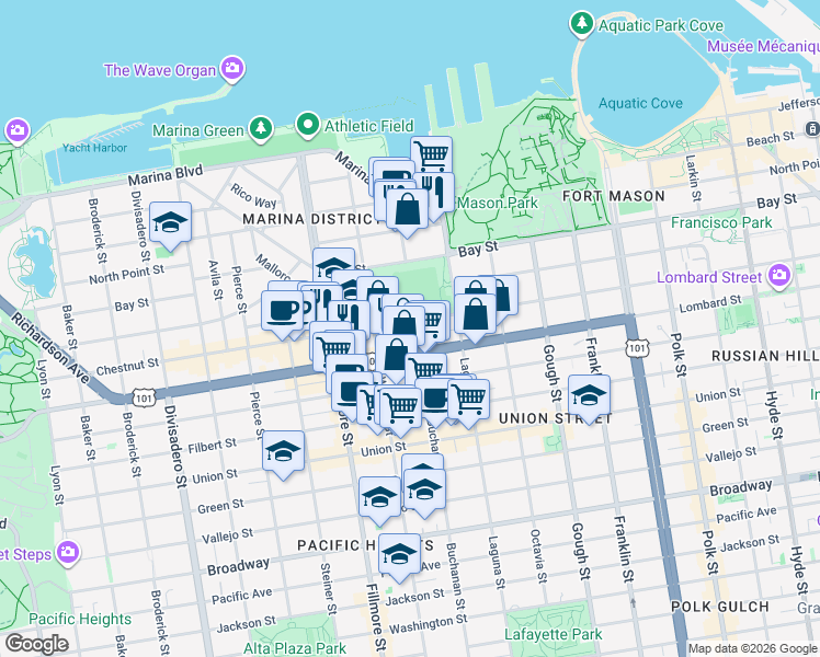 map of restaurants, bars, coffee shops, grocery stores, and more near 1800 Chestnut Street in San Francisco
