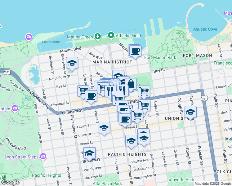 map of restaurants, bars, coffee shops, grocery stores, and more near in San Francisco