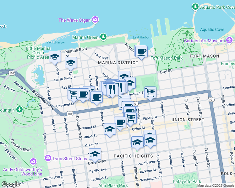 map of restaurants, bars, coffee shops, grocery stores, and more near in San Francisco