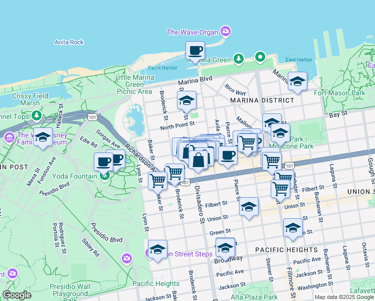 map of restaurants, bars, coffee shops, grocery stores, and more near 3445 Divisadero Street in San Francisco