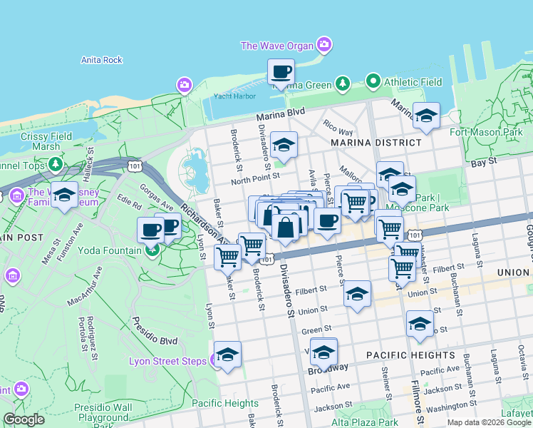map of restaurants, bars, coffee shops, grocery stores, and more near 3445 Divisadero Street in San Francisco